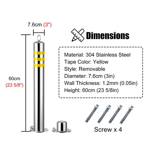 Tough As Nails 304 Stainless Steel Safety Bollard Post dimensions 7.6cm diameter 60cm height with removable style and yellow tape.