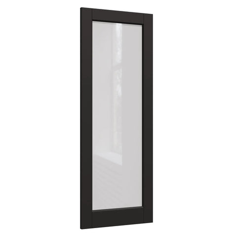 Side view of 32 By 80 Black Door Slab With Frosted Glass Interior Panel In Solid Finished Shaker Style For Bedroom Pantry Laundry Closet Doors Sliding Barn Look Pre Built Without Hardware Modern Interior Door.