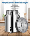 Heavy Duty 1.3 Gallon To 26.4 Gallon Stainless Steel Milk Can With Black Spigot For Fresh Liquid Storage And Dispensing Without Dents Or Deformation, shown with sealed lid and spigot.