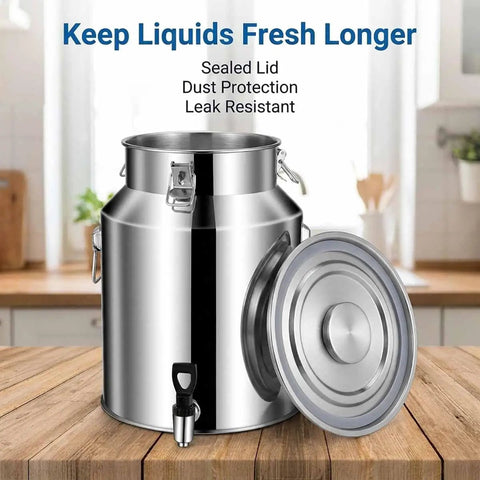 Heavy Duty 1.3 Gallon To 26.4 Gallon Stainless Steel Milk Can With Black Spigot For Fresh Liquid Storage And Dispensing Without Dents Or Deformation, shown with sealed lid and spigot.