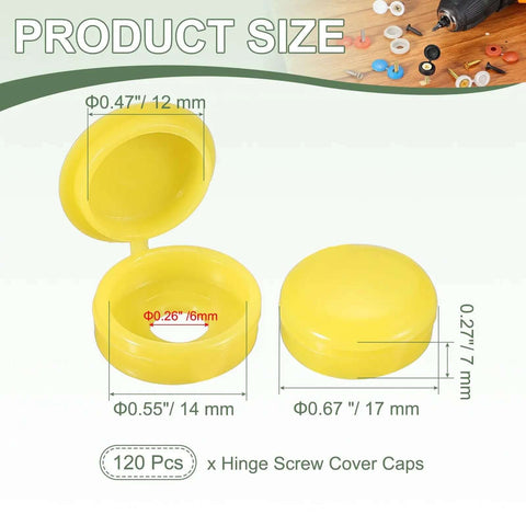 120 Pack Lemon Yellow Snap-Shut Screw Covers 6 Millimeter Plastic Hinged Fold Wrap Concealer For Door Shutters Railing Cabinetry Hide Those Ugly Screw Heads Pro Kit showing size dimensions of yellow screw covers.