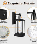 Dusk To Dawn Outdoor Light With Crystal Glass Drops, LED Porch Sconce In Matte Black, featuring details like dusk to dawn sensor and clear crystal bubble.