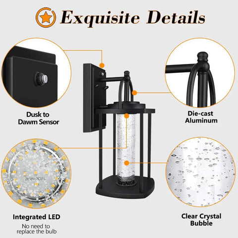 Dusk To Dawn Outdoor Light With Crystal Glass Drops, LED Porch Sconce In Matte Black, featuring details like dusk to dawn sensor and clear crystal bubble.