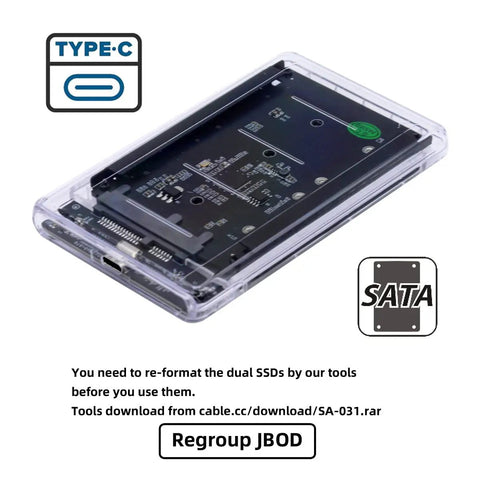 Close-up of Dual MSATA SSD To USB 3.0 Type C Adapter With JBOD Raid 0 Mode, showing clear enclosure and internal connectors.