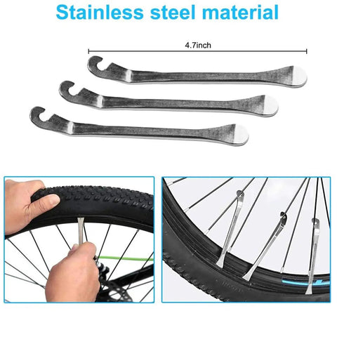 16 In 1 Bike Repair Kit With Mini 120 Psi Pump Tire Patch Levers Wrench And Valve Tools Portable Pouch Bag showing tire levers