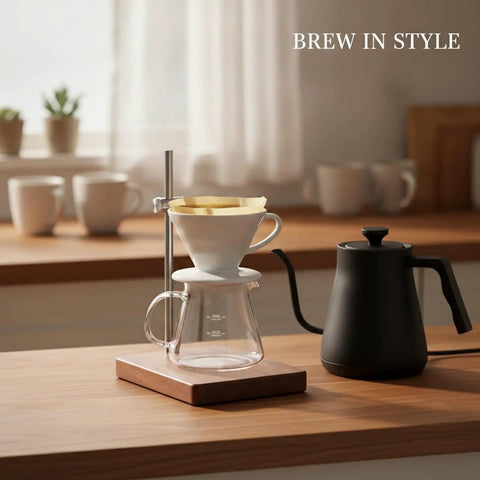 Level Up Your Morning Coffee Game With This Rock Solid Wooden Pour Over Stand Open Frame Build securely holds filter dripper and glass carafe on countertop.