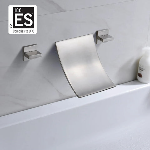Wall Mount Waterfall Tub Faucet Three-Hole Brushed Nickel, Solid Brass Bath Filler With Ultra High Flow installed on bathroom wall