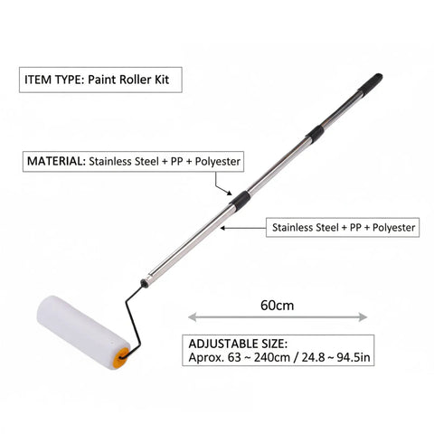 Legit Game Changer Paint Roller Kit With Extendable Stainless Steel Pole showing adjustable size and materials for painting walls and ceilings.