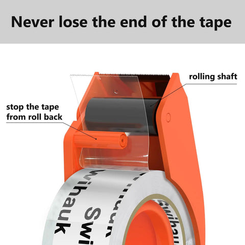 Heavy Duty Clear Packing Tape With Dispenser Set 1 Roll Plus Dispenser Beefy Water Based Adhesive That Bonds Instantly And Holds Through Rough Handling Ideal For Shipping Moving Storage And Mailing showing close-up of orange dispenser mechanism and tape roll