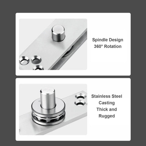 Built Tough Heavy Duty 360 Degree Stainless Steel Hidden Door Pivot Hinge shown in close-up with spindle design and casting details