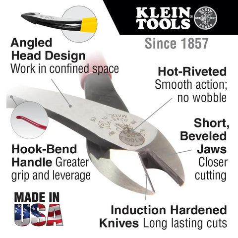 Diagonal Cutting Pliers D248 9ST Workhorse with short jaws, angled head, hooked handle. Made in USA, ideal for confined spaces.