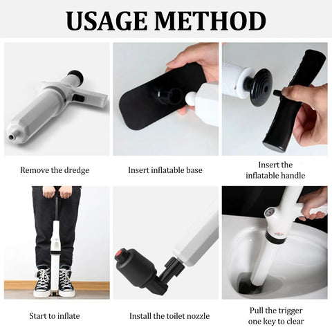 Step-by-step usage for 9 In 1 Air Plunger Kit For Toilets, Drains, Kitchens And Bathrooms with high pressure pneumatic plunger.