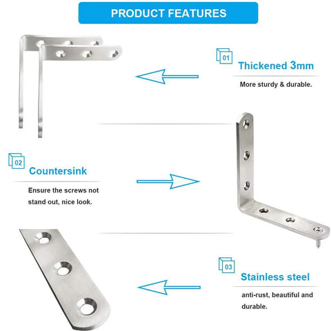 Heavy Duty Stainless Steel L Brackets 8 Pack Tough As Nails Corner Brace For Wood Furniture Right Angle Support Assembly With Premium Mounting Screws Included, featuring thickened 3mm stainless steel.