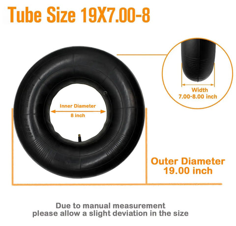 19x7-8 Inner Tube With TR13 Straight Valve Stem for ATV Quad, shown with diameter and width measurements highlighted
