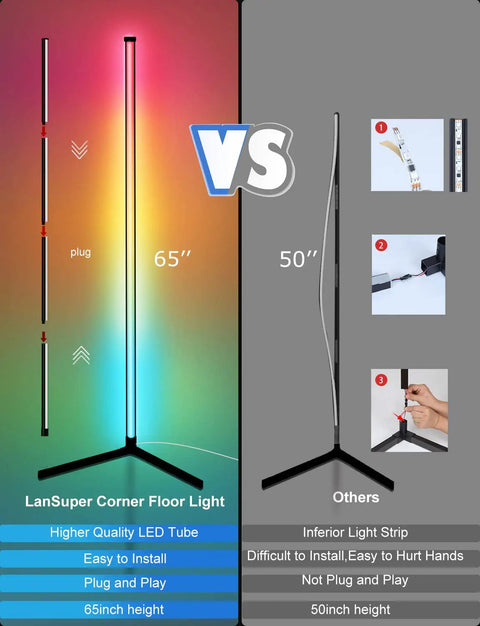 Side by side comparison of 65 inch color changing LED floor lamp with music sync vs standard 50 inch lamp