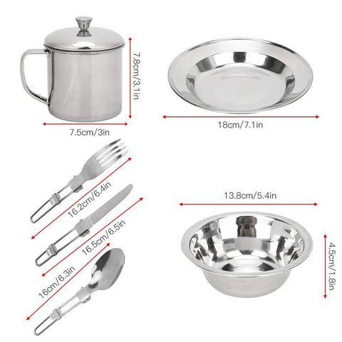 Portable Stainless Steel Outdoor Tableware Set For One, Camping Cookware Kit With cup, plate, bowl, fork, spoon, knife dimensions