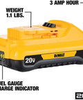 Side view of 20V Max Battery Pack 3.0Ah, 2-Pack With LED Fuel Gauge, No Memory, showing weight and LED charge indicators.
