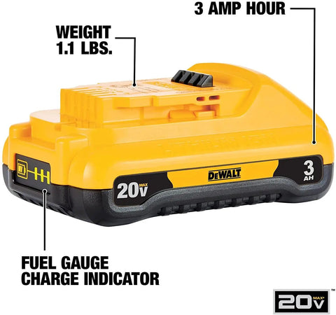Side view of 20V Max Battery Pack 3.0Ah, 2-Pack With LED Fuel Gauge, No Memory, showing weight and LED charge indicators.