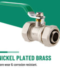 Three Quarter Inch Inline Ball Valve Shut Off Fittings Nickel Plated Brass Built Tough Heavy Duty 175 PSI Two Pack For Compressed Air Piping System With Double O Ring Seals Emergency Shut Off Ready For Industrial Use, shown in side view with green handle.