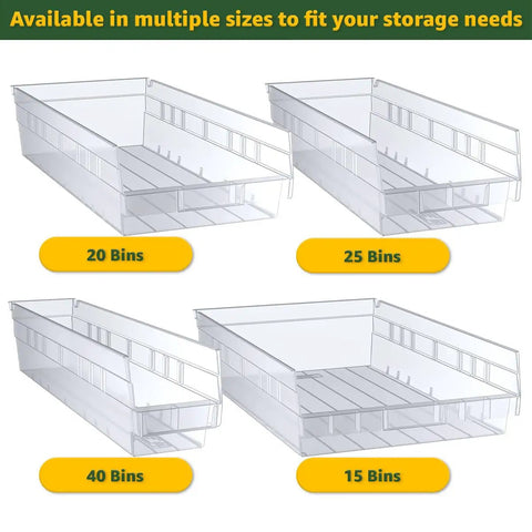 Different sizes of clear slanted storage bins for Hella Sturdy Boss Level Heavy Duty 18 By 36 By 74 Inch Chrome Wire Utility Rack.