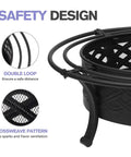 Close-up of safety features: 36 Inch Round Outdoor Fire Pit With Crossweave Design in Black Iron, double loop and crossweave pattern