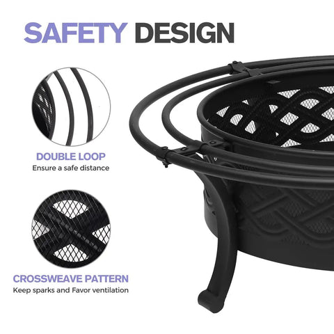 Close-up of safety features: 36 Inch Round Outdoor Fire Pit With Crossweave Design in Black Iron, double loop and crossweave pattern