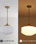 Vintage Brass Milk Glass Pendant Light 13.8in White Pleated Chandelier, E26 in off and on lighting settings