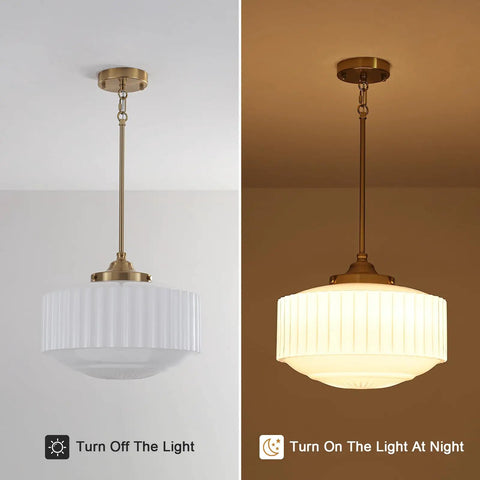 Vintage Brass Milk Glass Pendant Light 13.8in White Pleated Chandelier, E26 in off and on lighting settings