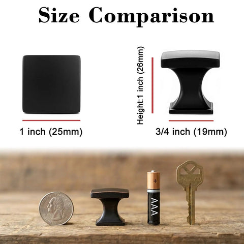 Size comparison for Ten Pack Small Oil Rubbed Bronze Cabinet Knobs Square Single Hole Pulls 25mm 0.98 Inch Knob