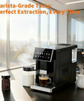 Premium Automatic Espresso Machine Featuring Integrated Grinder And Quick Froth Wand Plus 20 Bar Dual Boiler Coffee Maker With Seven Drink Presets Offering Hassle Free Maintenance And Matte Black Finish For ProLevel Brews At Home Daily with coffee and milk.