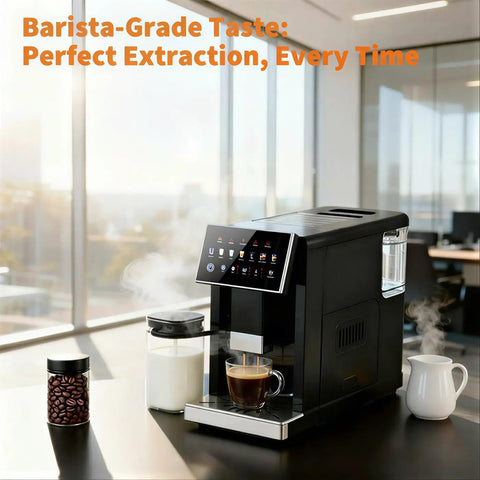 Premium Automatic Espresso Machine Featuring Integrated Grinder And Quick Froth Wand Plus 20 Bar Dual Boiler Coffee Maker With Seven Drink Presets Offering Hassle Free Maintenance And Matte Black Finish For ProLevel Brews At Home Daily with coffee and milk.