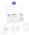 Eyeglasses Repair Tool Kit With Screws, Mini Screwdrivers, and Replacement Nose Pads for Quick DIY Fixes in a plastic case.