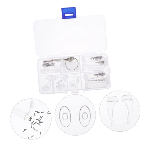 Eyeglasses Repair Tool Kit With Screws, Mini Screwdrivers, and Replacement Nose Pads for Quick DIY Fixes in a plastic case.