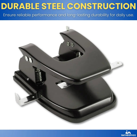 Black heavy duty workhorse desk punch with low effort operation; features include rubber base, centering guide, removable chip tray.
