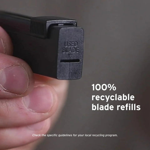 Close-up of a hand holding a device labeled 'Used Blade' showing recycling guidance for Single Edge SE Blade Refills For Men 8 Pack.
