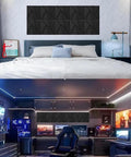 Heavy Duty Self Adhesive Soundproof Foam Panels in a stylish bedroom and a gaming office, 11.8x11.8 inches, easy peel installation.