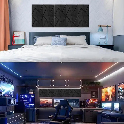 Heavy Duty Self Adhesive Soundproof Foam Panels in a stylish bedroom and a gaming office, 11.8x11.8 inches, easy peel installation.