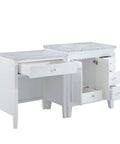Top Shelf Carrara White Marble Bathroom Vanity With A Sleek Single Sink Setup And Rock Solid Wood Cabinet Featuring Brushed Nickel Knobs For That Go To 67 Inch Clean Slick Vibe, showing open drawers.