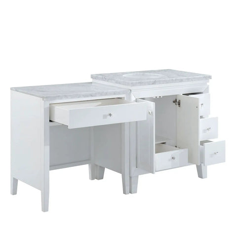 Top Shelf Carrara White Marble Bathroom Vanity With A Sleek Single Sink Setup And Rock Solid Wood Cabinet Featuring Brushed Nickel Knobs For That Go To 67 Inch Clean Slick Vibe, showing open drawers.