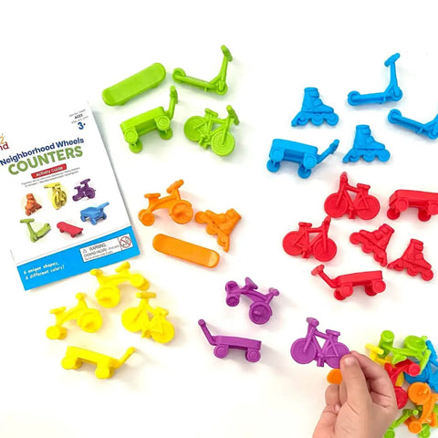 Colorful Neighborhood Wheels Math Counters For Kids With Super Cool Vehicle Designs including bikes and scooters for preschool sorting.