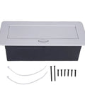 Recessed Pop Up Countertop Outlet With 20W Fast Charging Dual AC Outlets And USB A USB C Ports showing sleek silver top, black interior, screws for installation.