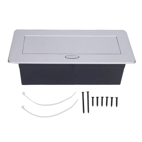 Recessed Pop Up Countertop Outlet With 20W Fast Charging Dual AC Outlets And USB A USB C Ports showing sleek silver top, black interior, screws for installation.