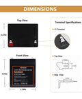 Dimensions and terminal specifications of 12V 5Ah LiFePO4 Deep Cycle Battery With Built In 6A BMS for solar power, lighting.
