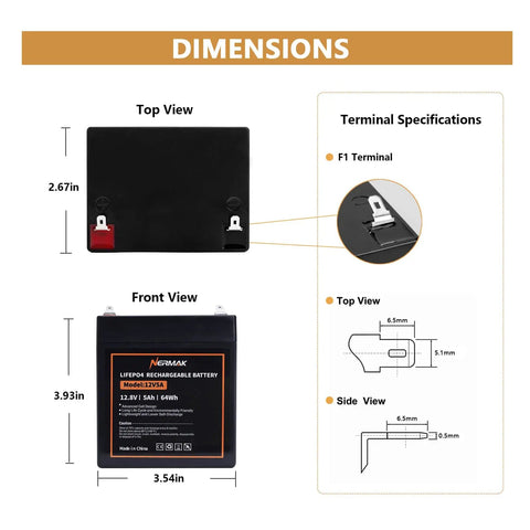 Dimensions and terminal specifications of 12V 5Ah LiFePO4 Deep Cycle Battery With Built In 6A BMS for solar power, lighting.