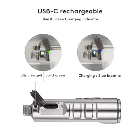 650 Lumens USB Rechargeable Keychain Flashlight Ultra Bright Mini EDC Light showing USB-C port and charging indicators