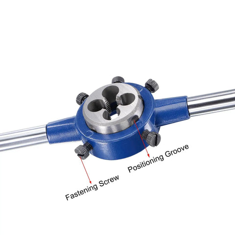 Round Die Stock Handle Wrench Set With 5/16-18 UNC Die And 25mm Die Holder showing positioning groove and fastening screw.