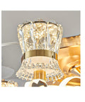 Eight Head K9 Crystal Ceiling Fan Light With Zero Hassle Remote Controlled Tricolor LED Glow, showcasing crystal shade and gold finish.