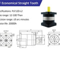 High Output Planetary Gearbox Speed Reducer 120Mm Frame showing PLF120-L2 specifications and design with a 12-100 ratio range.