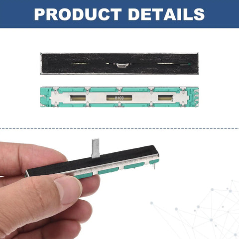 5 Pack Straight Double Linear Slide Potentiometer 8 Pin B10K 75mm Length, top and side view showing design and pins.