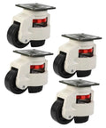 Real Deal Heavy Duty Swivel Caster Wheels Set With Adjustable Leveling Feet Four Piece Kit, white nylon wheels with black rubber grip.